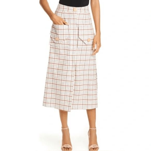 Nicholas Womens Cream Red Relaxed Linen Blend Cargo Plaid Midi Skirt 2 - Picture 6 of 6